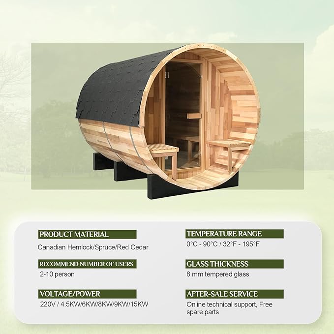 Smartmak Customized Outdoor Wood Barrel Steam Sauna, 2-10 Person Home Traditional Canadian Wooden Spa Room, with DIY Heating Stove, Rocks, Water Bucket, Spoon, Light, for Backyard, Garden, 195 ℉