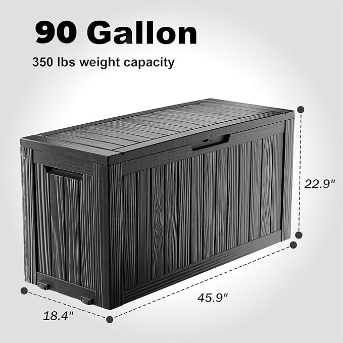 EasyUp 90 Gallon Outdoor Deck Box Waterproof, UV Resistant Resin Outdoor Storage Box for Delivery, Porch, Patio and Garden, Black