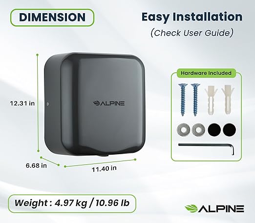 Alpine Automatic Hand Dryers for Bathrooms Commercial High Speed 110-120V Stainless Steel Electric Hand Dryer, Plug In & Hardwire Options with Air Filter, ADA & UL Compliant & 5 Years Coverage (Grey)