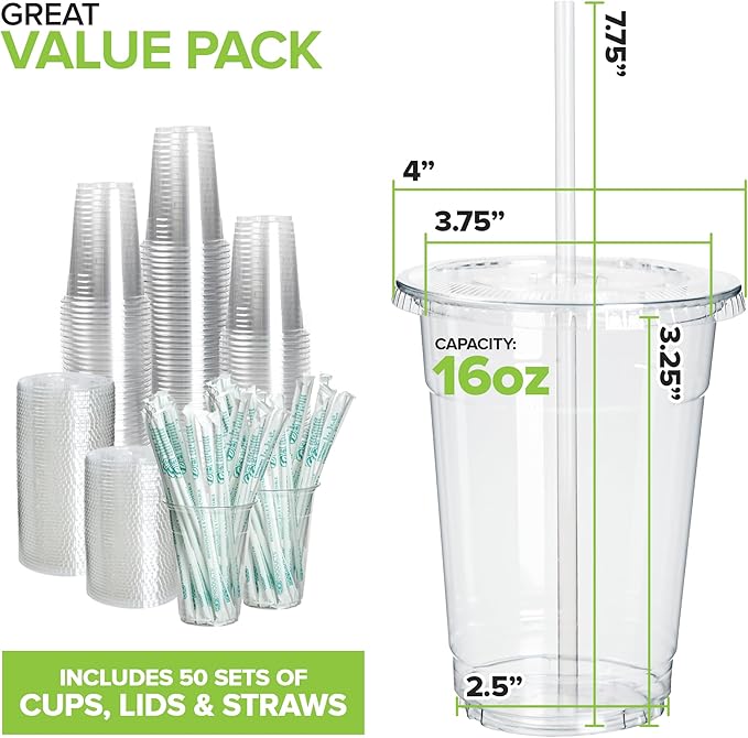 Stock Your Home 16 oz Premium Commercially Compostable Cold Cups (50 Pack), Eco Party Cup, Environmentally Friendly Disposable Sustainable for Water, Wine, Beer Sample