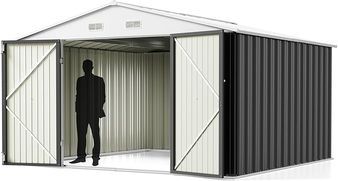Greesum 10x10FT Outdoor Storage Shed, Utility Tool Shed Metal Storage Garden Shed with Door & Lock for Patio Storage, Gray