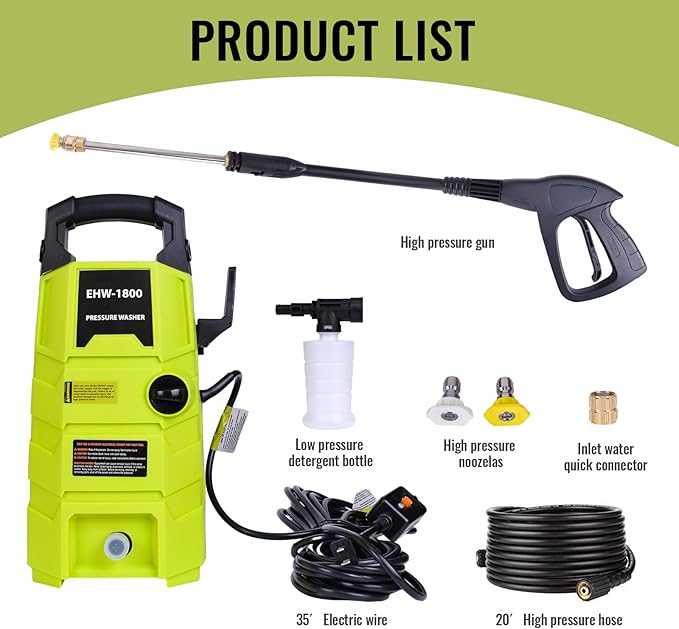 Electric Pressure Washer, 1800PSI 1.6GPM Portable Power Washer with 20FT Hose & 35FT Power Cord, Two Nozzles, 0.4L Soap Bottle for Car Driveways Patio Garden