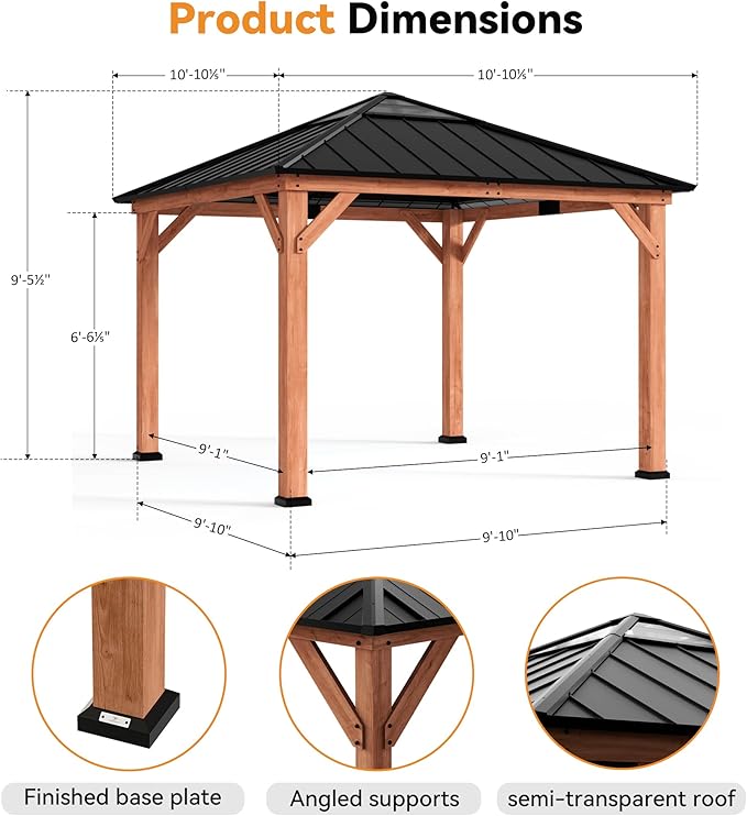Modern Shade Tranquil Grove Wood Gazebo 11' x 11', Wooden Gazebo with Polycarbonate Hip Roof Hardtop, Permanent Hardtop Pavilion with Sturdy Hooks for Garden, Backyard
