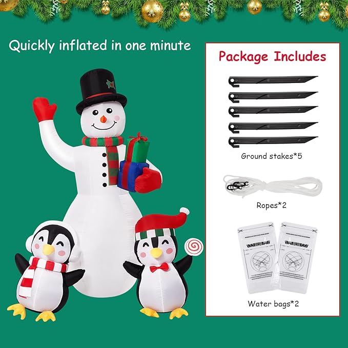 8FT Outdoor Inflatable Christmas Snowman Penguin Xmas Blow Up Decor with LED Lights