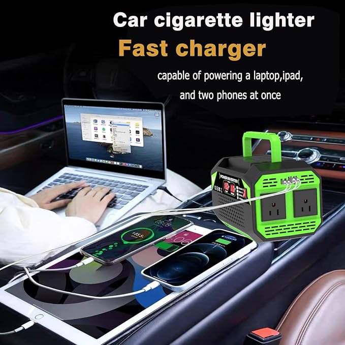 600W Power Inverter, 12V DC to 110V AC Converter with LED Display, 2 AC Outlets, 2 PD 25W Type-C, 2 QC 18W USB-A(4.2A)，2 DC Port, for Road Trips Laptop Computer