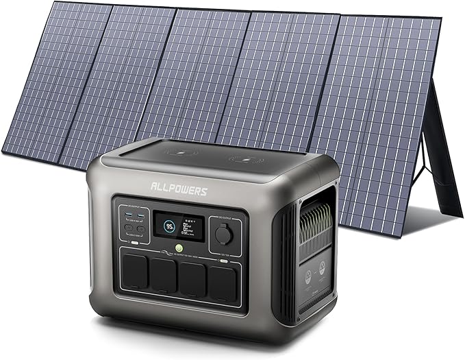 ALLPOWERS R1500 LITE 1600W/1056Wh & 3500+ Cycle LiFePO4 Battery with 4xAC Outlets, 650W MPPT, and UPS <15ms for Home, RV, Outdoor. (R1500 LITE+SP037-400W)