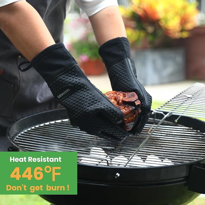 GEEKHOM Silicone Oven Gloves Heat Resistant BBQ Gloves with Cotton Lining for Kitchen Cooking, Baking & Grill Accessories, Waterproof Non-Slip Grill Mitts for Men Women, Dishwasher Safe