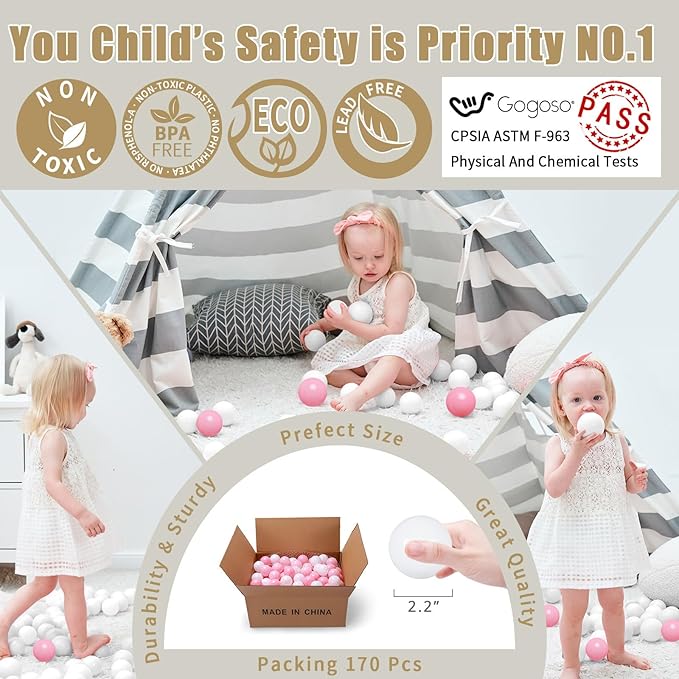 GOGOSO Ball Pit Balls Crush Proof Non-Toxic Plastic Balls Babies Kids Toy Bulk Pack 170pcs 2.2inchs