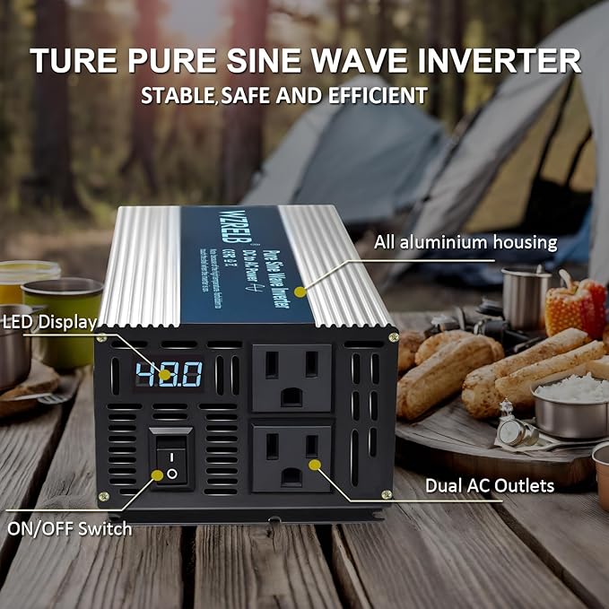 WZRELB 500W Pure Sine Wave Inverter 48V DC to 110V 120V AC Power Converter with LED Display, Off-Grid Portable Power Inverter with 2 AC Outlets for Home, RV, Truck, Camping