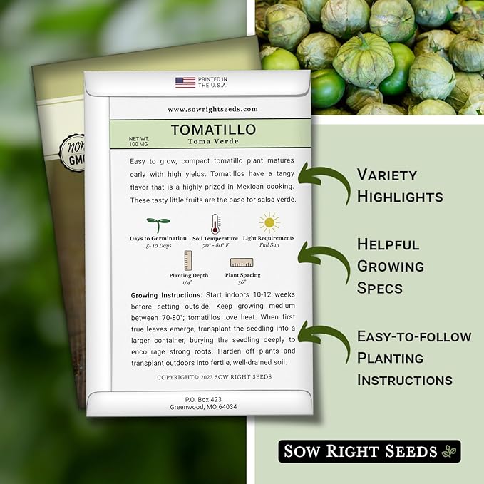 Sow Right Seeds - Toma Verde Tomatillo Seeds for Planting - Non-GMO Heirloom Packet with Instructions to Plant a Home Vegetable Garden - Mexican Husk Tomato - Ground Cherries Great for Salsa (3)
