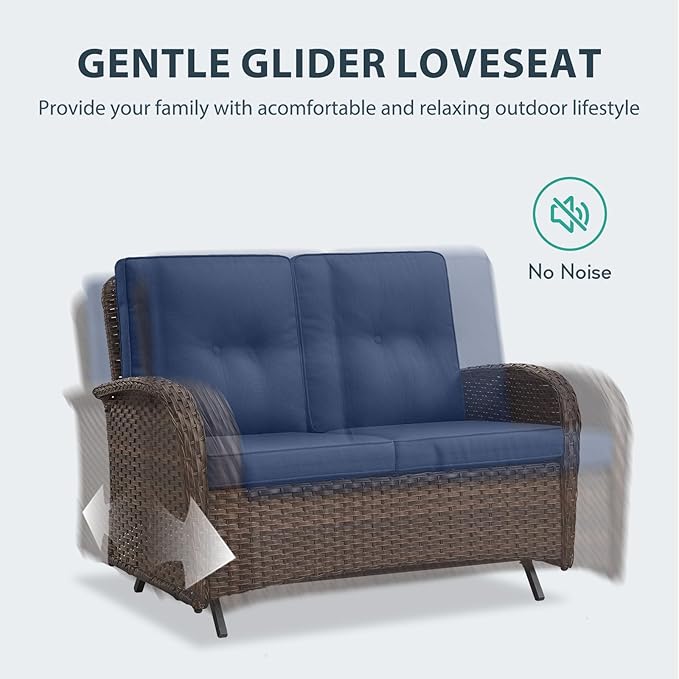 5 Piece Patio Furniture Set with Fire Pit Table - Wicker Patio Conversation Set with Swivel Glider, Glider Loveseat, Tempered Glass Side Table for Deck Backyard - Brown Wicker Blue Cushion