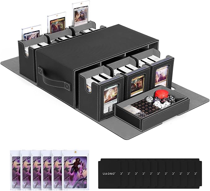 Commander Deck Box for MTG, 6-Deck Modular Card Case with Dice Tray Holds 600+ Double-sleeved Cards, Removable Trading Cards Storage Box with 35PT Magnetic Card Holders for TCG, Black Grey