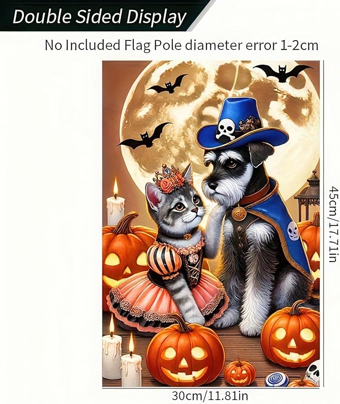 Halloween Garden Flag 12x18 Flag Dog Cat Flag Halloween Schnauzer Cat Fairy Pirate Costumes Pumpkins And Full Moon Cute Welcome Garden Flag Patio Lawn Farmhouse Outdoor Party Supplies