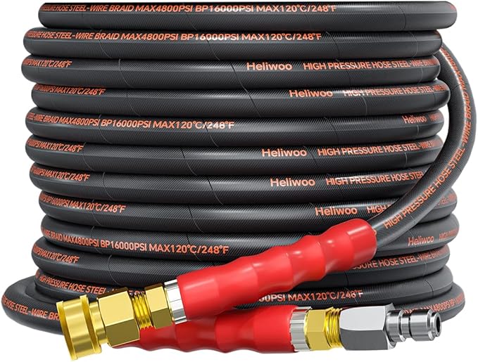 Pressure Washer Hose 25FT 3/8", 4800PSI No Marking Kink Free Hose with Quick Connect Ends and Adapters for Hot & Cold Water up to 140°F, Steel Wire Braided Hose for Power Washing