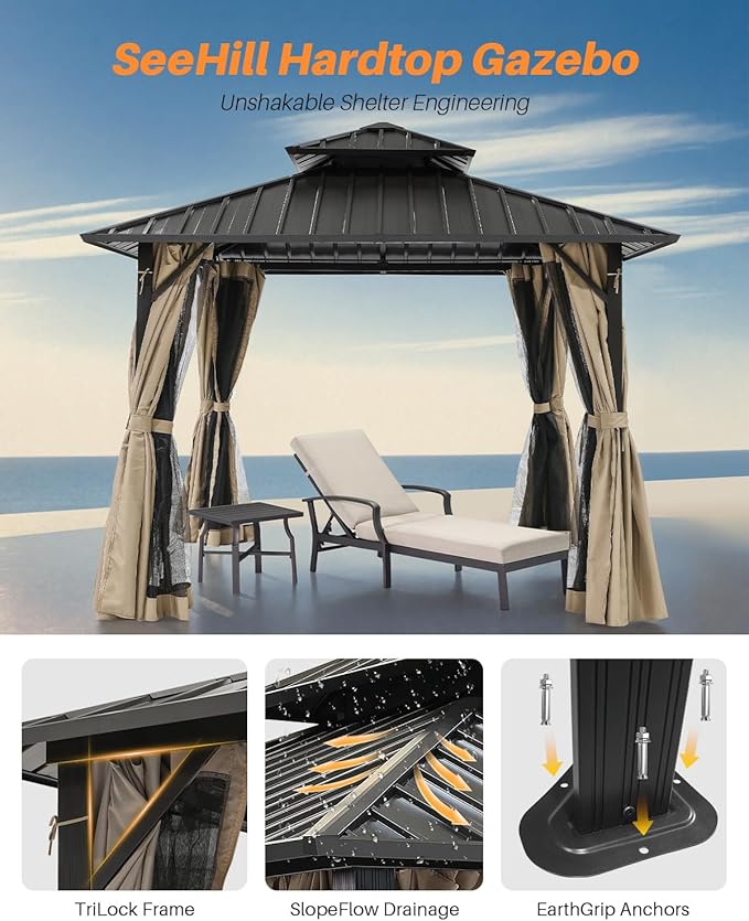 12' x 12' Hardtop Gazebo, Aluminum Frame Patio Hardtop Gazebos with Netting and Curtain, Outdoor Patio Pergola, Outdoor Patio Gazebo with Double Metal Roofs for Lawns, Garden, Deck, Sandstone