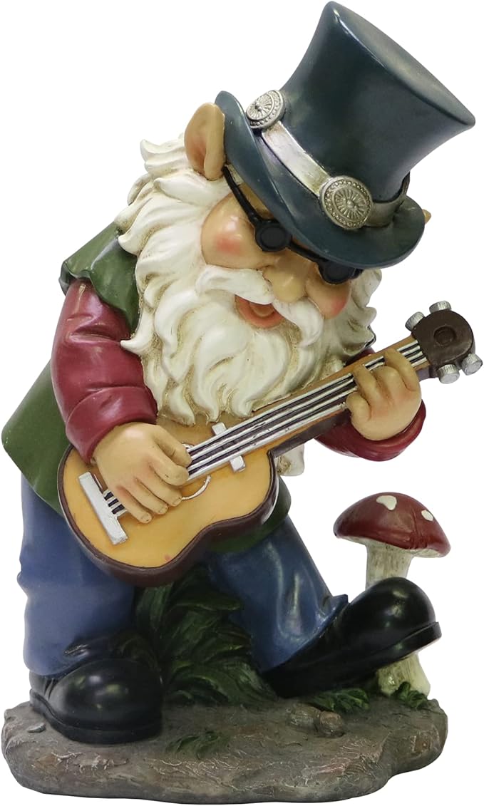 Nature's Mark Rock n Roll Gnome in a Band Playing Guitar Resin Statue Figurine Home Garden Decorative Accent Décor (9" H)