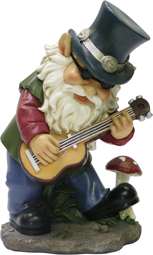 Nature's Mark Rock n Roll Gnome in a Band Playing Guitar Resin Statue Figurine Home Garden Decorative Accent Décor (9" H)