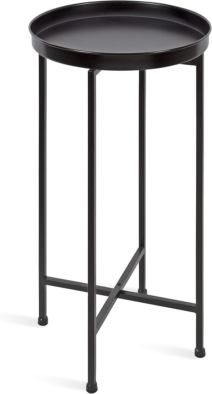 Kate and Laurel Celia Round Metal Foldable Accent Table with Tray Top, Black