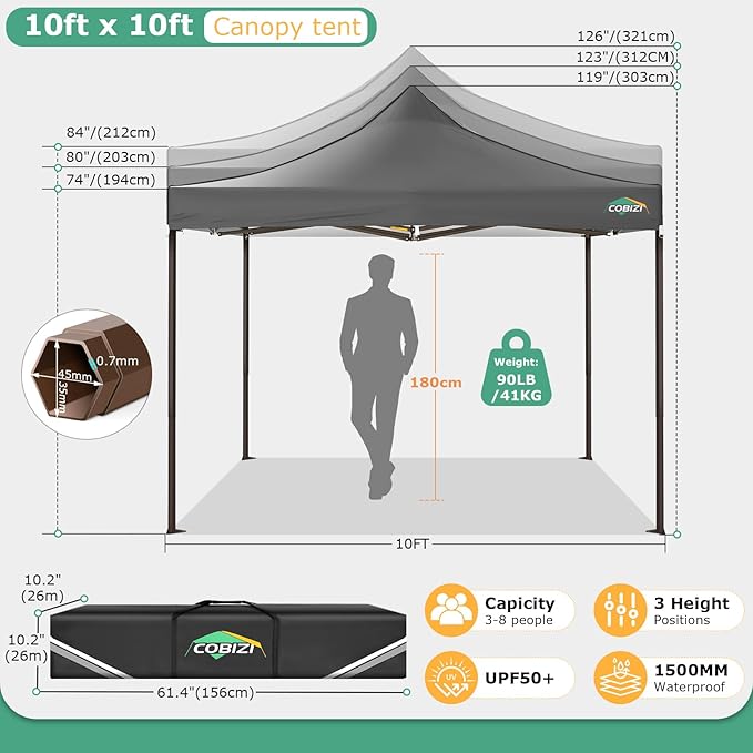 COBIZI 10x10 Pop Up Heavy Duty Canopy with 4 Sidewalls and Hexagonal Legs, Easy up Tent for Events, Parties, Camping, Outdoor Canopy with Portable Bag, Waterproof & UPF50+ (White)