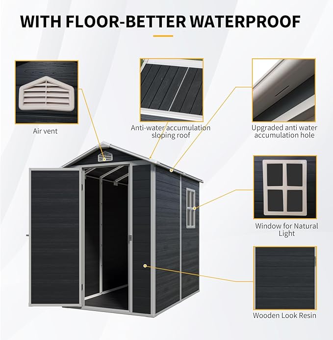 4x6ft Outdoor Storage Shed, Resin Patio Furniture Storage with Lockable Door, All-Weather，Garden Shed Kit with Reinforced Floor & Natural Light Window，UV Protection (Black, 4x6ft)