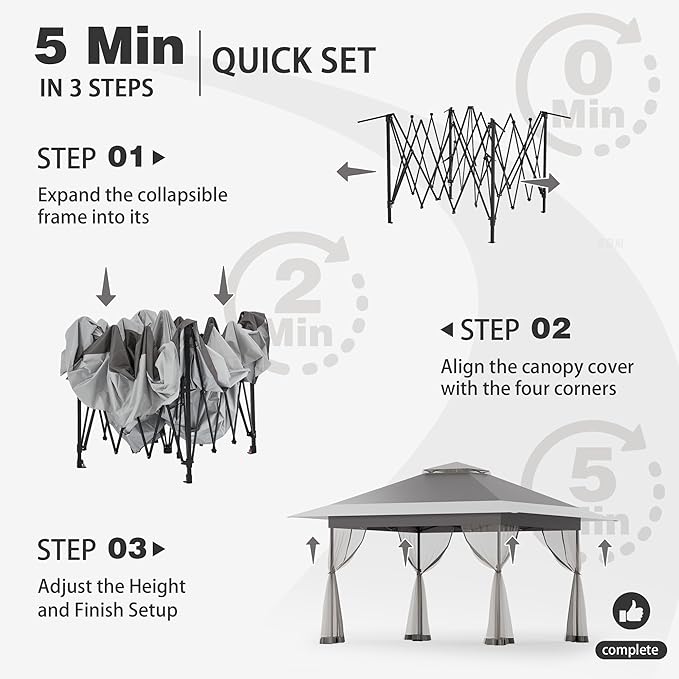 Bezseller 13x13 Pop Up Gazebo Tent with Mosquito Netting – Quick Set Up, Water-Resistant Outdoor Canopy for Patio, Garden, Backyard, and More,Deep Grey