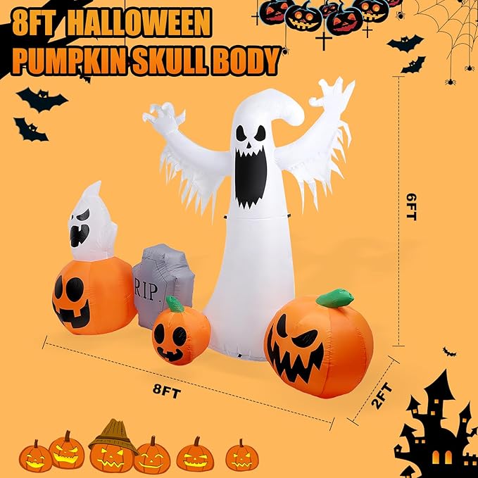 8 FT Halloween Inflatables Ghost & Pumpkins Outdoor Decorations, Inflatable Blow Up Yard Decor with Color Changing LEDs, Inflatable Decorations Outdoorfor Yard Garden