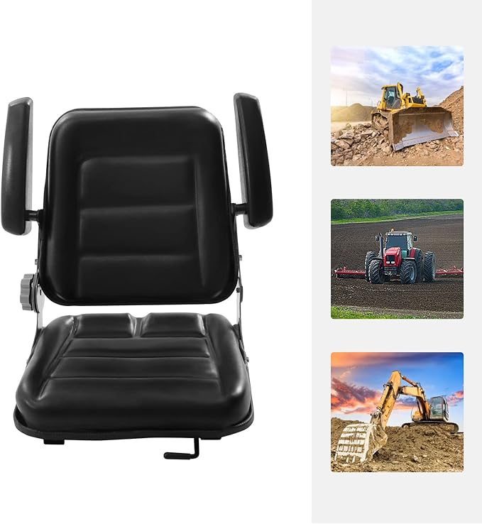 Universal Lawn Mower Seat, Replacement Forklift Seat Garden Tractor Seat with Armrest Tractor Suspension Seat Tractor Seat with Back Rest Universal PVC Tractor Seat with Adjustable Backrest Armrests
