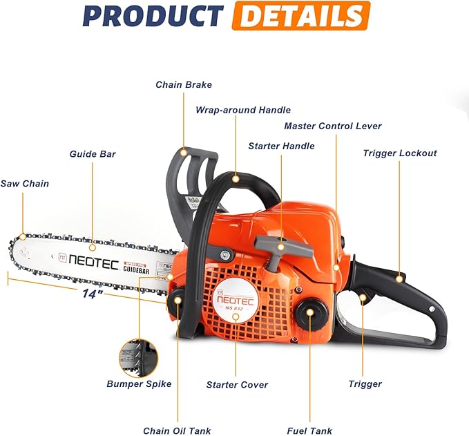 NEOTEC 31.8cc Gas Chainsaw,14 Inch Gasoline Powered Chain Saw 2-Stroke Gas Chainsaws,Durable Portable Chain Saw for Wood Cutting,Tree Pruning and Firewood Preparation NS832