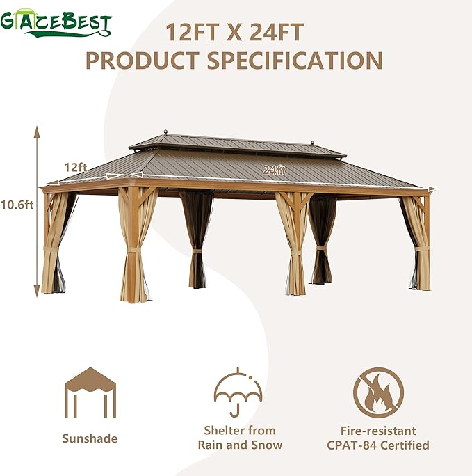 12' X 24' Hardtop Gazebo, Aluminum Wood-Looking Frame Outdoor Permanent Galvanized Steel Double Roof Pavilion Pergola Canopy with Privacy Curtains for Garden, Patio, Backyard, Deck and Lawns.