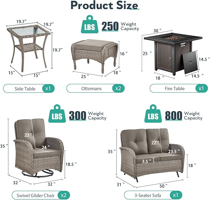 7 Piece Patio Furniture Set with Fire Pit Table - Wicker Patio Conversation Set with Swivel Glider, Glider Loveseat, Side Table and 2 Ottomans for Deck Backyard - Grey Wicker Grey Cushion