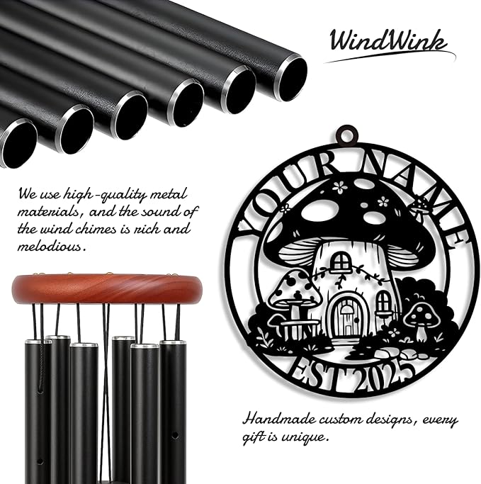 Personalized Customize Name Fantasy Mushroom Wonderland Wind Chime, Metal Iron 37 Inch Outdoor Memorial Gift for Garden Yard Patio Home Decor, Black (Style E)