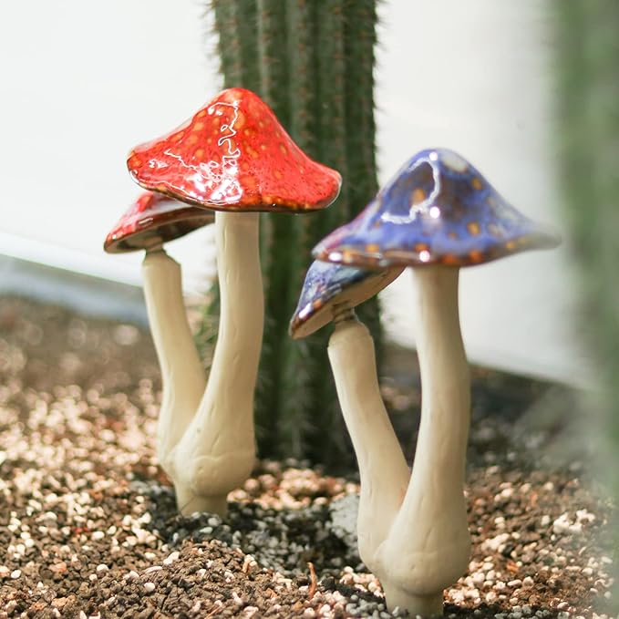 Mushroom Yard Decor - 2pcs Ceramic Mushroom Statue for Garden, Fairy Garden Stakes Ceramic Lawn Ornament Decor Plants Stake
