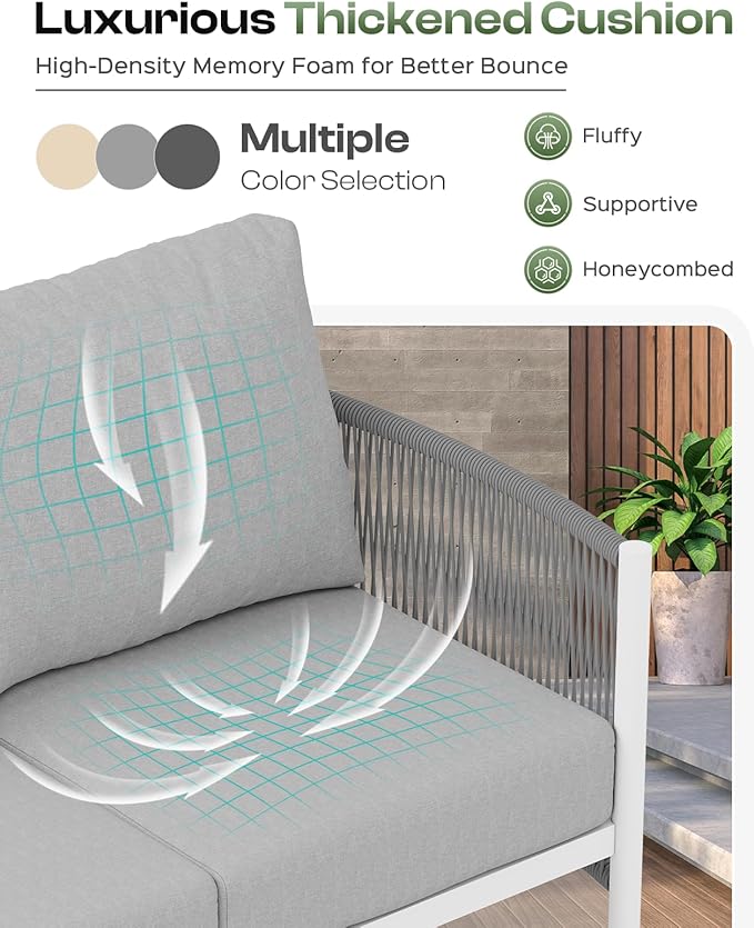Aluminum Outdoor Patio Furniture Set, HDPE Rope 5 Piece Modern Sectional Conversation Sets with Dual-Layer Coffee Table, All Weather Patio Couch Sofa with Thick Cushions, White Frame, White