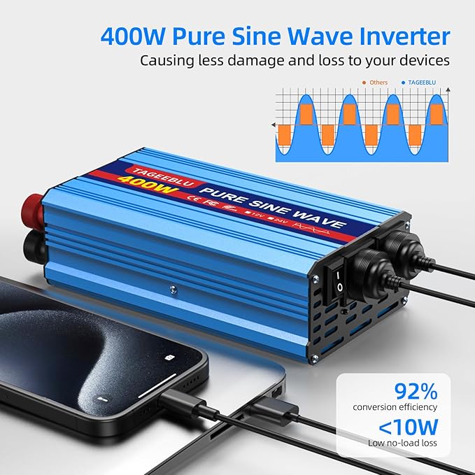 400W Pure Sine Wave Inverter, 12V DC to 110V/120V AC Car Power Inverter with 2 AC outlets and LCD Display
