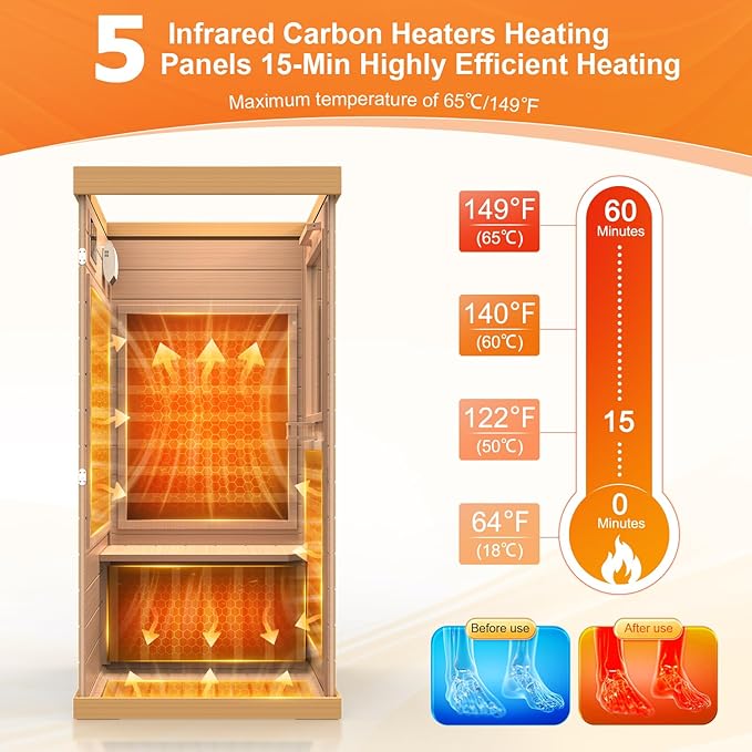 Upgraded Backrest 1 Person Sauna Infrared Sauna with Red Light Therapy, Dry Sauna Indoor Wood Sauna for Home, Hemlock Low EMF Far Infrared Sauna with Integrated Speakers, Reading Lamp