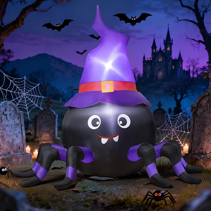 5FT Halloween Inflatable Spider with Witch Hat Outdoor Decoration, Blow Up Yard Inflatable Decorations with Built-in LED Lights for Garden/Lawn/Holiday/Home Party Decor