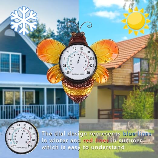 Indoor Outdoor Thermometer, Bee Wall-Mounted Thermometer Waterproof for Patio Garden Yard & Living Room, No Battery Needed
