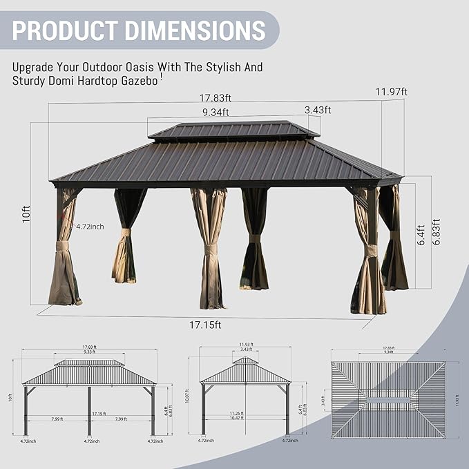 12' x 18' Hardtop Gazebo, Domi Outdoor Aluminum Metal Gazebo with Curtains and Netting, Galvanized Steel Double Canopy for Patios, Deck, Backyard