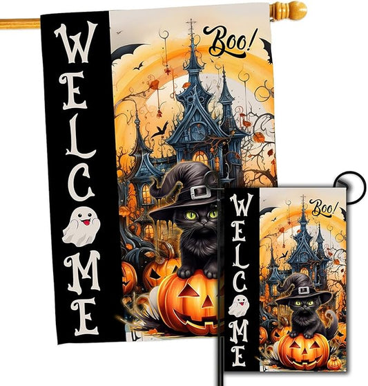 DECORLUXES Halloween House Flag 28x40 Double Sided, Welcome Cat Halloween Large Garden Flags Garden Outside Decor, Yard Flag Decorations (House + Garden flag)
