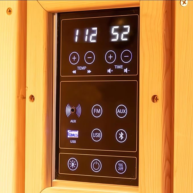 Far Infrared Wooden Sauna Room, Luxurious Canadian Red Cedar Sauna with 2 Oversize Recliners, 220V, 3400 W, 9 Heating Element, Bluetooth Speakers, 7 Color Light, Oxygen Bar, Low EMF