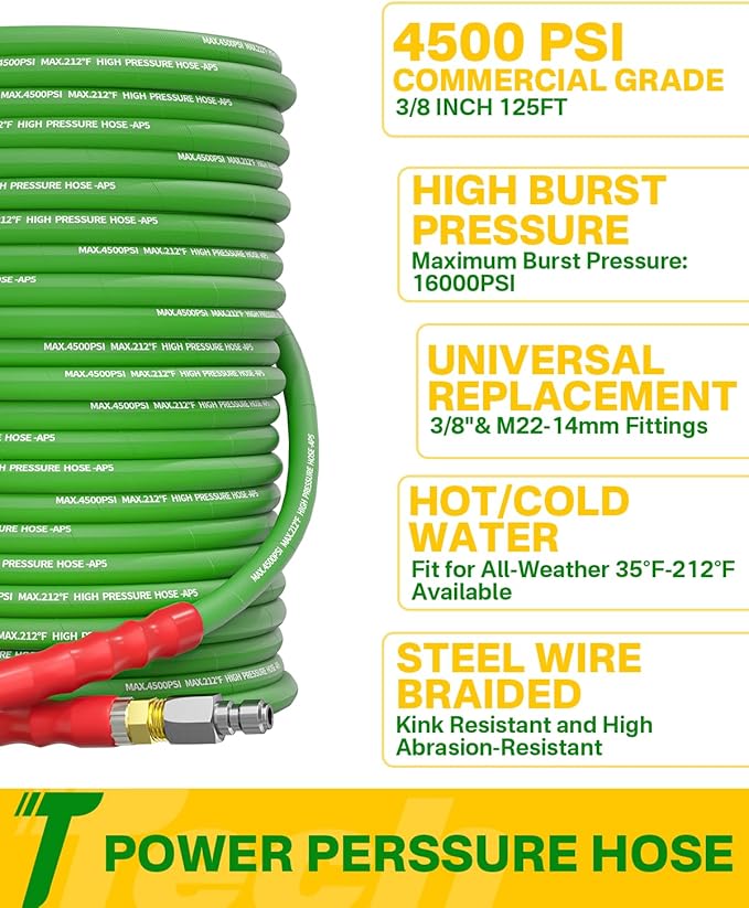 Pressure Washer Hose 125FT 3/8" for Cold and Hot Water 212°F, with Swivel Quick Connect, 4500PSI Kink Resistant Grade Steel Wire Braided, Power Washer Hose With 2pcs M22-14mm Adapter