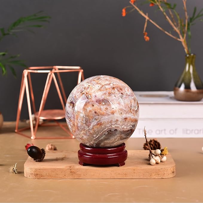 JIC Gem Large Striped Agate Crystal Sphere with Stand Gemstone Decorative Ball for Home Decor Altar Reiki Healing Gift 80-90mm