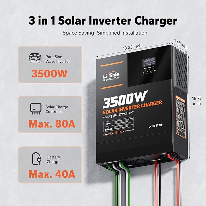 LiTime 3500W All-in-One Solar Inverter Charger, 48V DC to 120V AC Pure Sine Wave Inverter, Built in 80A MPPT Charge Controller, for 48V Lead Acid/LiFePO4 Battery, Home Energy Storage, Off-Grid