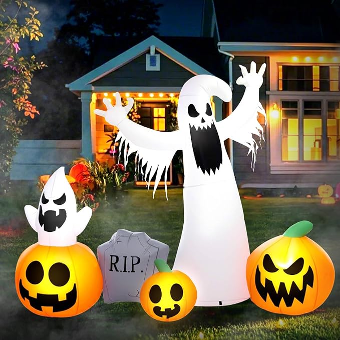 8 Ft Halloween Inflatables Outdoor Decorations, Halloween Decorations Ghost Pumpkins Tombstone with Built-in LED Lights for Halloween Party Indoor Outdoor Decor