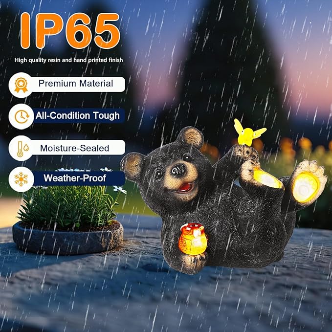 Solar Bear Garden Statues, Resin Garden Decor, Waterproof Black Bear Figurine,Solar Animals for Yard and Garden,Gifts for Mom, Women