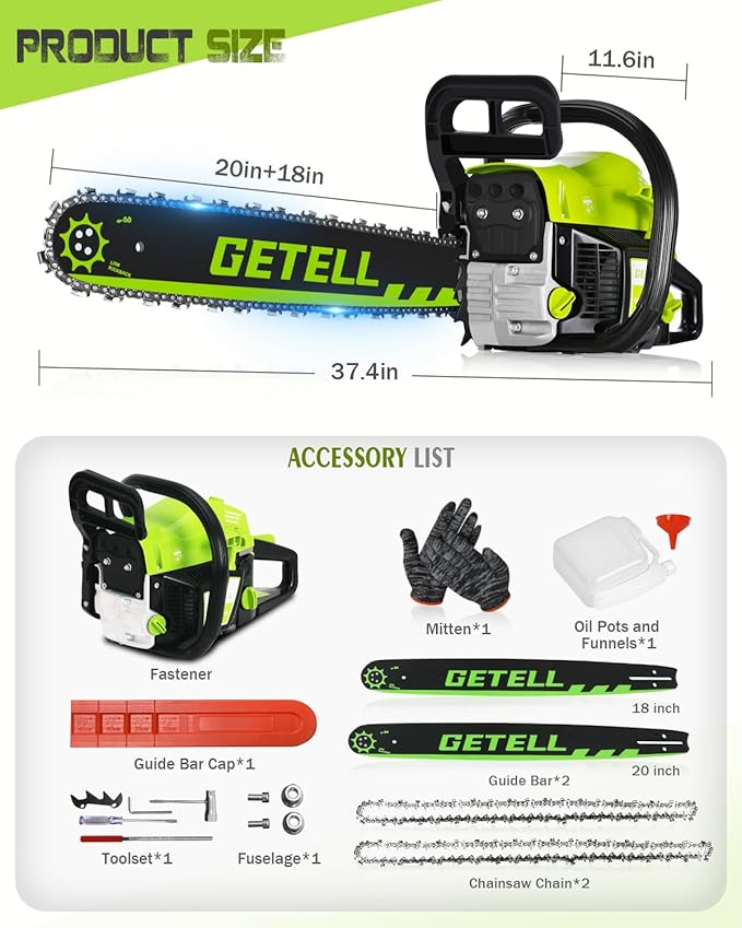 Professional 58cc Gas Powered Chainsaw with Quick-Switch Dual Bar 18/20 Inch System – Heavy Duty Chain Saw with Easy-Start for Tree Cutting, Limbing & Farm Use (GEL9902)