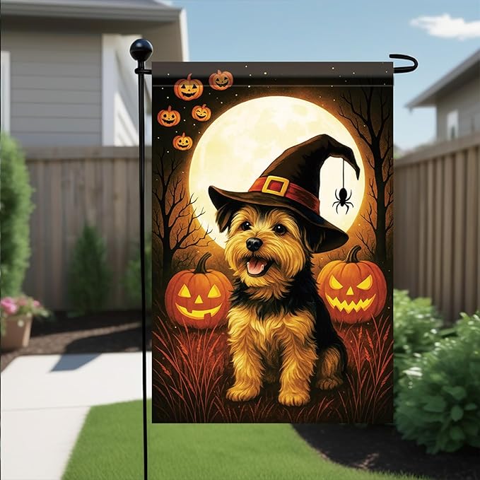 Halloween Garden Flag Yorkshire Terrier Dog Flag 12x18 Inch Double-Sided Pumpkin Witch Hat Spider Yard Banner Fall Outdoor Decoration for Porch Lawn Pathway Dog Lover Gift
