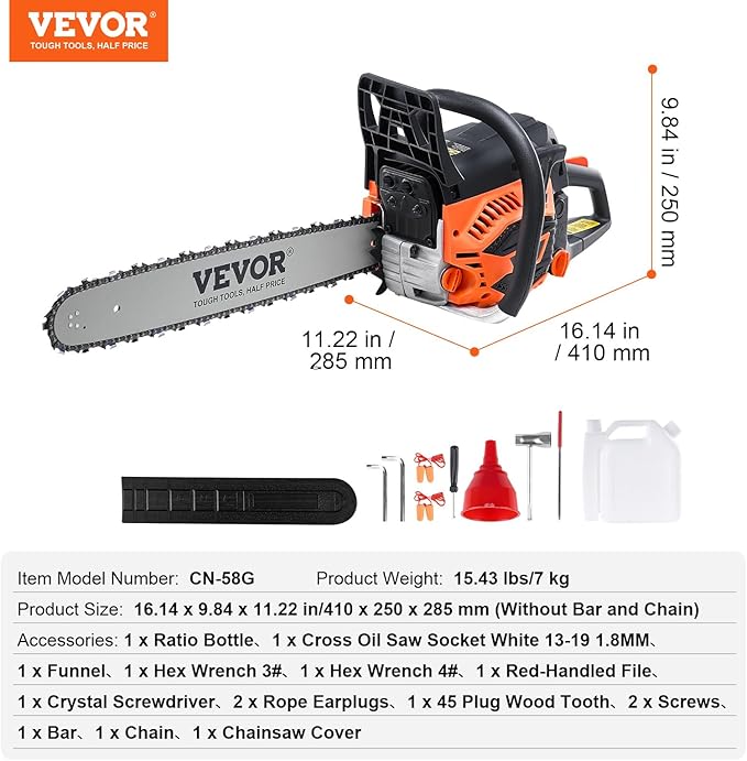 VEVOR Gas Chainsaw 58CC 2-Cycle Gasoline Powered Chainsaw 20 Inch Handheld Cordless Petrol Chain Saws For Forest, Wood, Garden and Farm Cutting Use