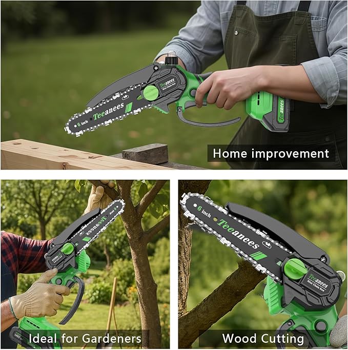 Mini Chainsaw Cordless 6 Inch, Electric Chainsaw Battery Powered with Auto Oiler, Security Lock for Wood Cutting, Tree Trimming, Garden & Household Use(2 Batteries)