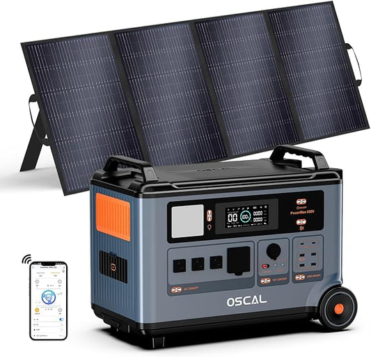 OSCAL PowerMax 6000 120V/240V Solar Generator with 400W Solar Panel, 6000W Portable Power Station AC Outlets (9000W Peak), 2200W AC Charging/2400W Solar Charging, Emergency for Home, Battery Backup